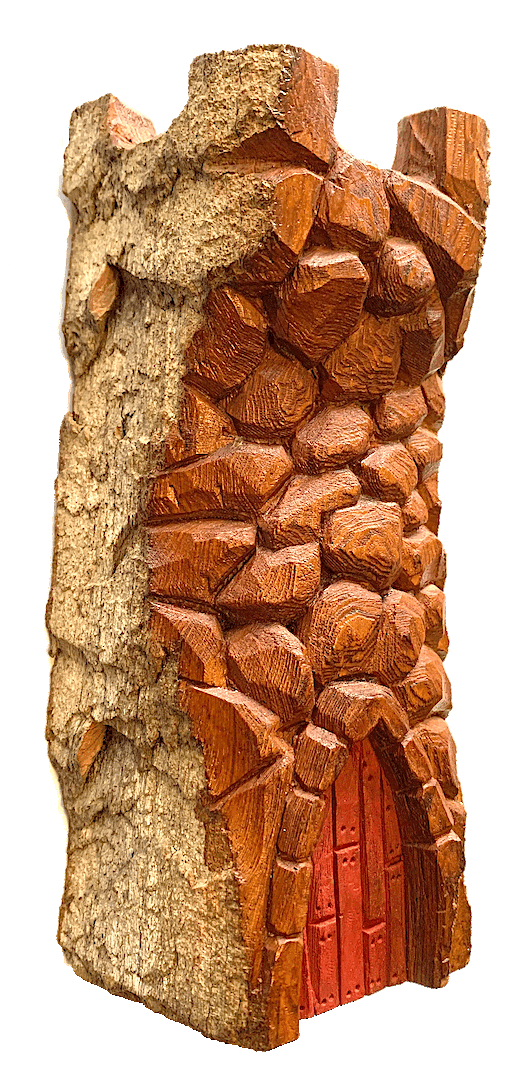 Carved Cottonwood Castle with a painted red door